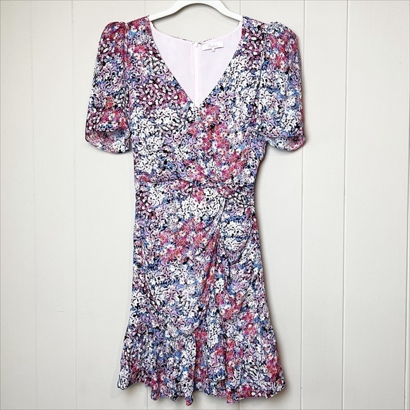 Parker 100% silk Krislyn Floral Mini Dress 00 XS puffed sleeves ruffle cocktail - Picture 3 of 14